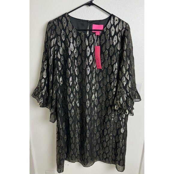 Lilly Pulitzer Francis Silk Dress In Onyx Leopard Metallic Black Size L New $248 - Picture 12 of 14